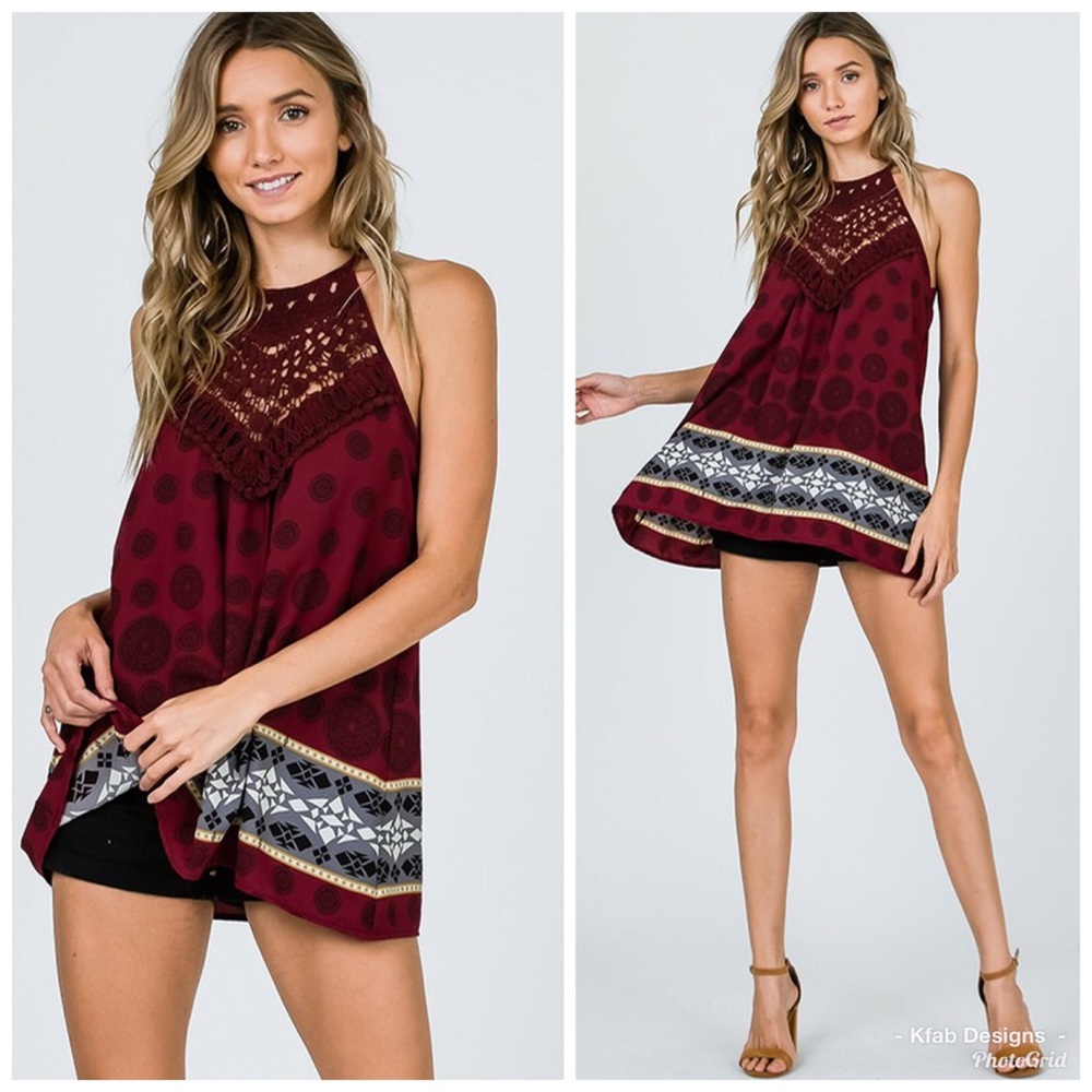 ๐Wine Crochet/Lace Detail Halter Style Tunic! - Picture 2 of 8
